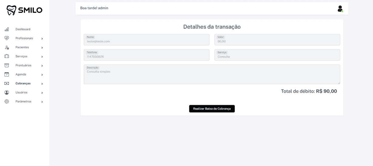Detalhes e baixa de uma cobrança no Smilo CRM