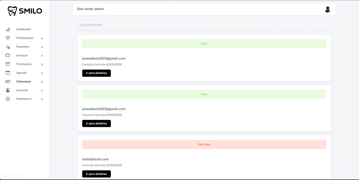 Relação de cobranças do sistema Smilo CRM