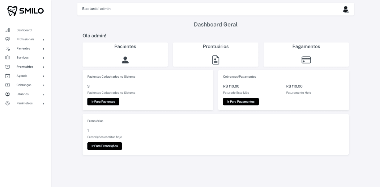 Dashboard do Smilo CRM mostrando indicadores de pacientes, prontuários e pagamentos