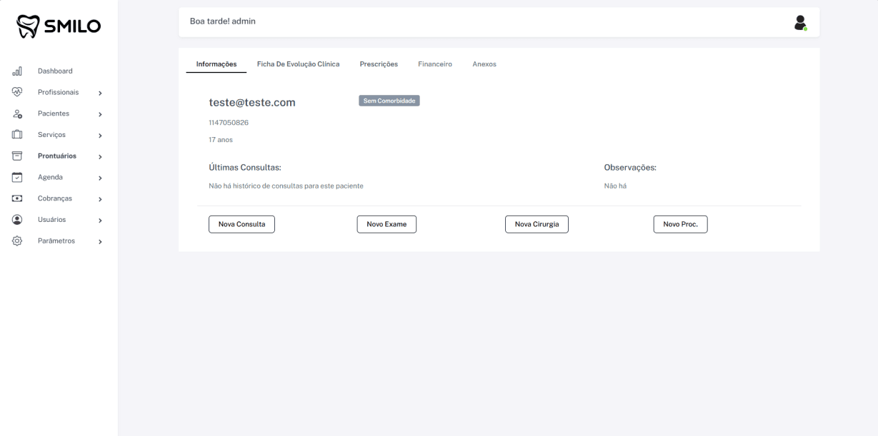 Visão geral do prontuário clínico do paciente no Smilo CRM