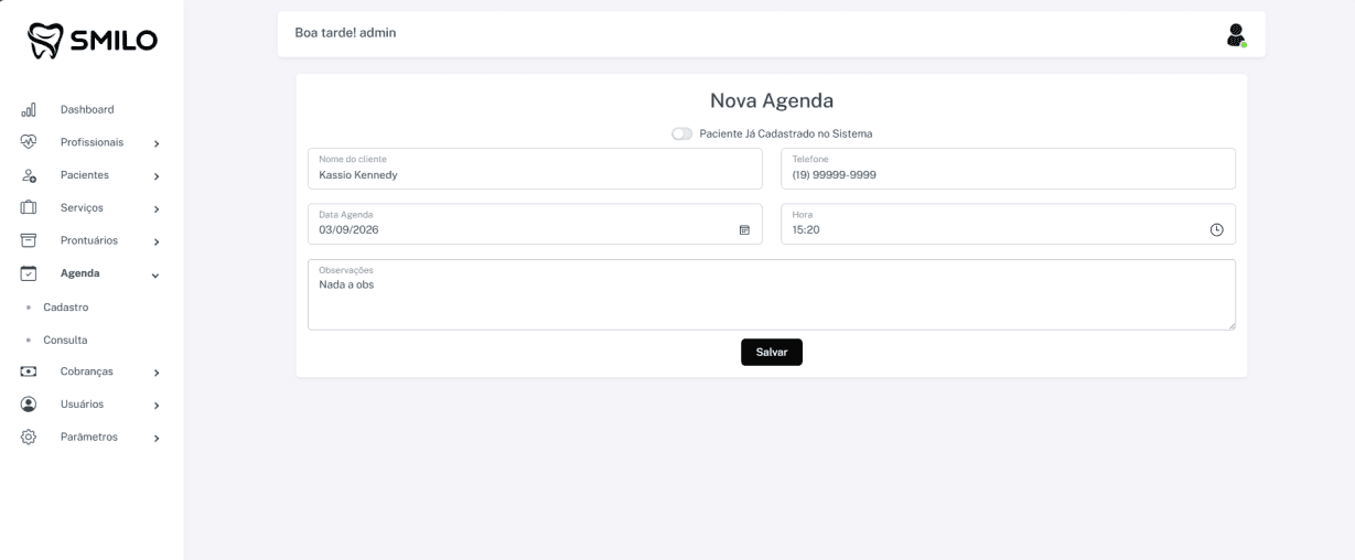 Cadastro de um novo compromisso na agenda do Smilo CRM