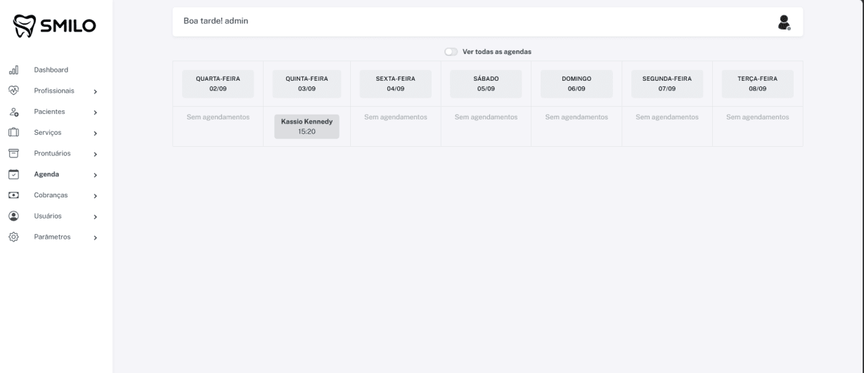 Visão semanal da agenda de atendimentos do Smilo CRM