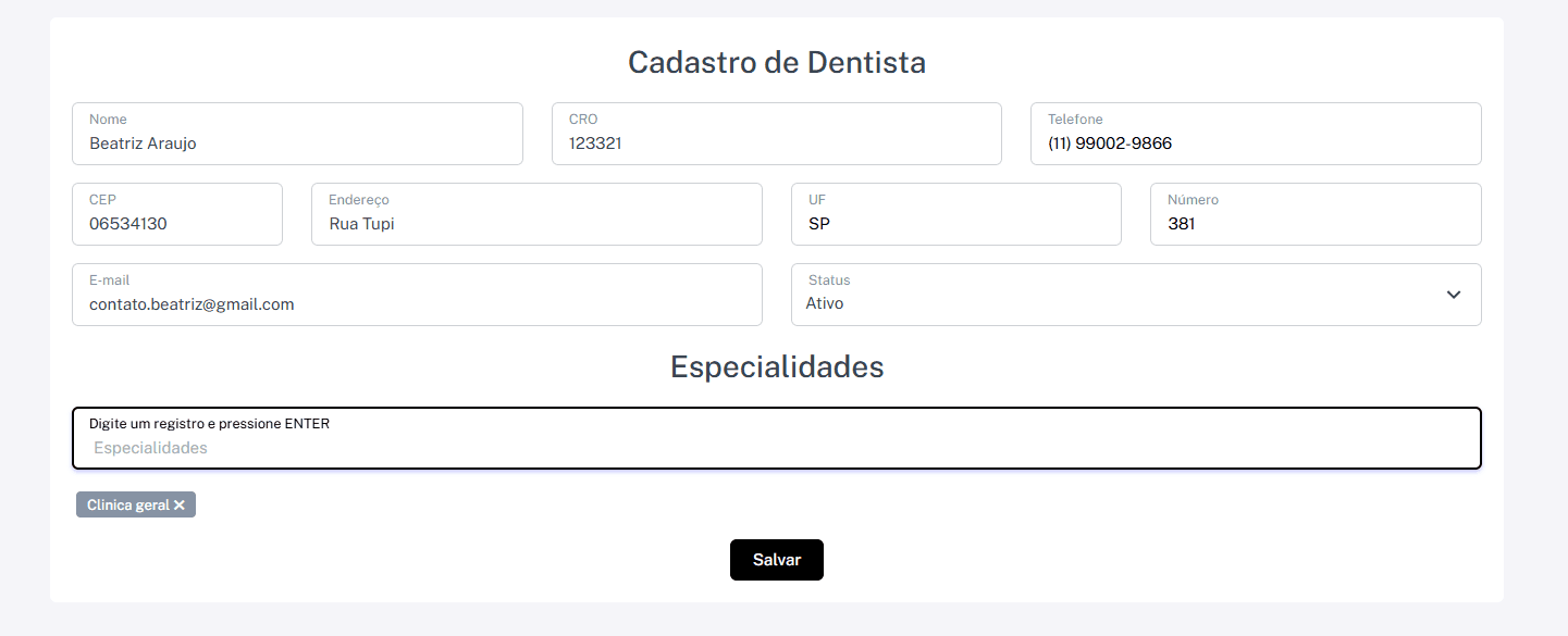 Formulário de cadastro de dentista no Smilo CRM