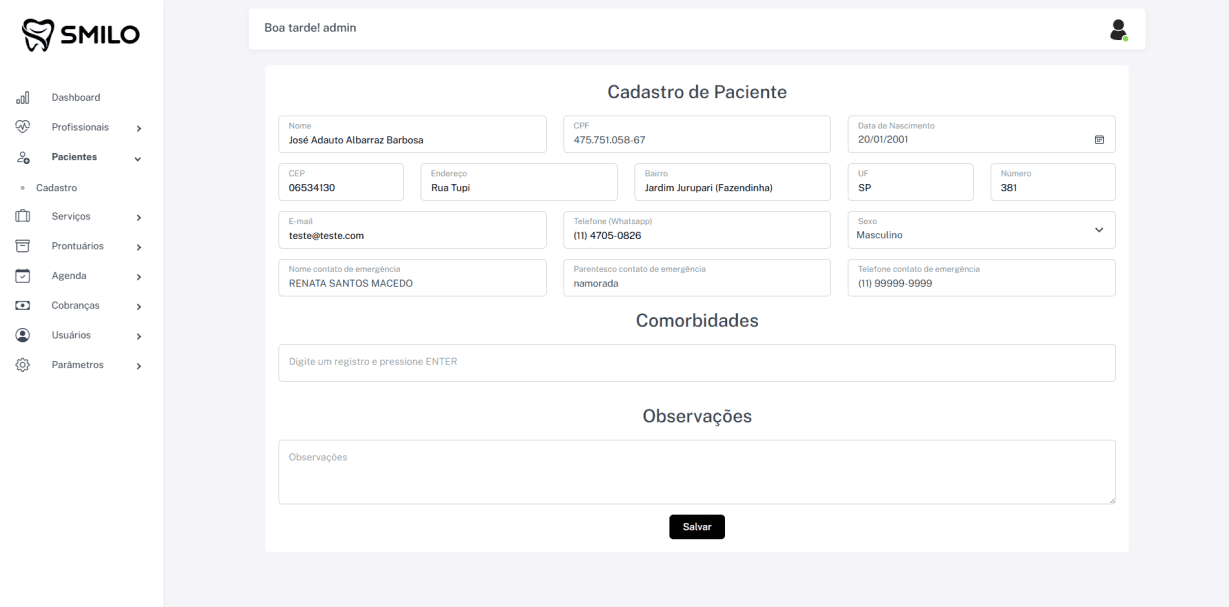 Formulário de cadastro de paciente no Smilo CRM