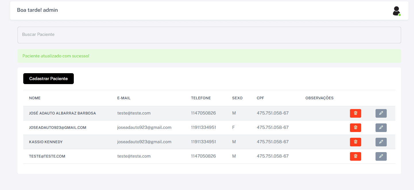 Lista de pacientes cadastrados no Smilo CRM