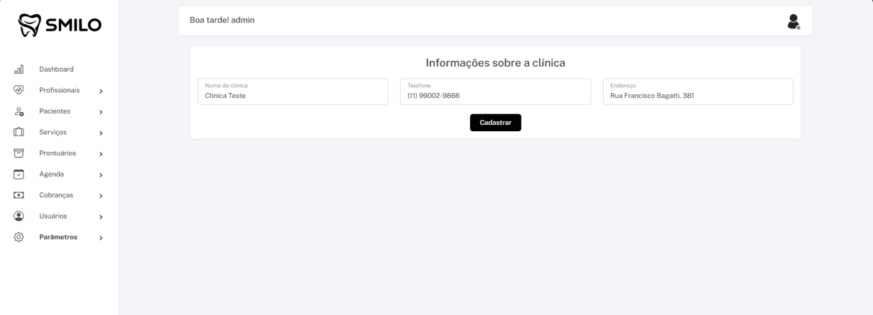 Informações institucionais da clínica no Smilo CRM