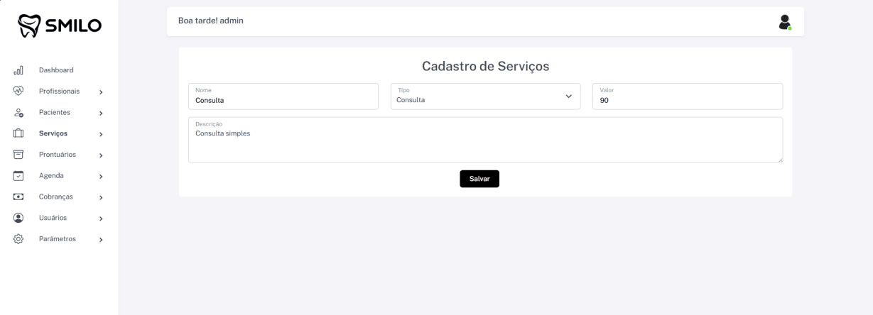 Cadastro de serviços da clínica no Smilo CRM