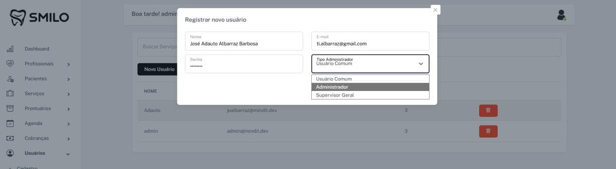 Cadastro de um novo usuário no Smilo CRM